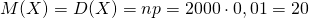  M(X) = D(X) = np = 2000\cdot 0,01=20 