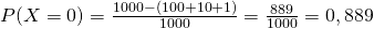  P (X=0) = \frac{1000-(100+10+1)}{1000}=\frac{889}{1000}=0,889 